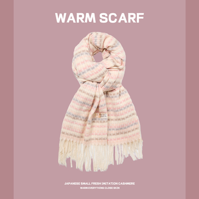 taobao agent Fuchsia winter Japanese scarf, velvet thin keep warm universal shawl with tassels