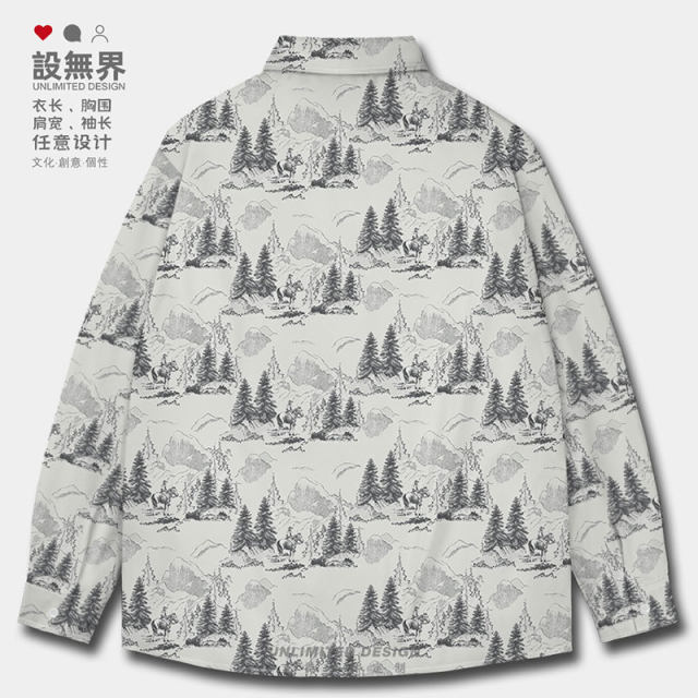 Western denim illustration plant forest forest series large size long-sleeved shirt men's and women's European and American style design
