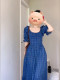 XZY/Xin Zhengyan Fat mm French temperament blue plaid ruffled dress for women summer slim princess long skirt
