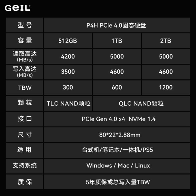 geil Jinbang P4H solid state drive 4t2t1t512G desktop computer notebook m2 solid state drive PCie4