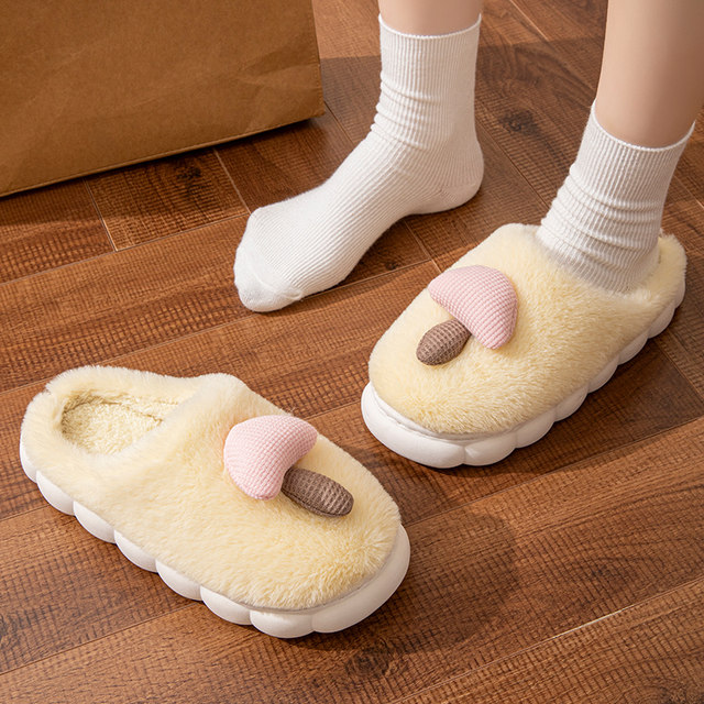 Mushroom cotton slippers for women autumn and winter 2025 new thick-soled home plush parent-child style couple men's warm cotton slippers