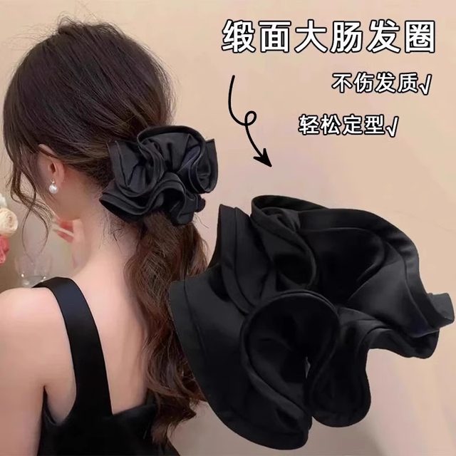 Korean high-end satin large intestine ring hair and necklace flower gentle temperament black fabric rubber band head rope tie ponytail
