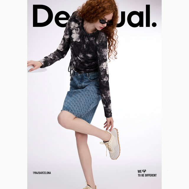 Desigual denim A-line LOGO love asymmetrical print midi-length skirt for women
