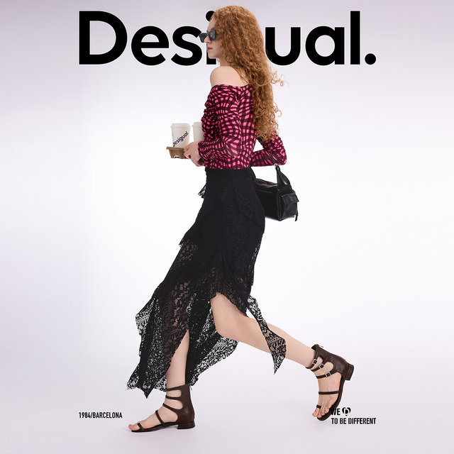 Desigual25 spring and summer new black lace multi-layer ruffled irregular slit mid-length skirt