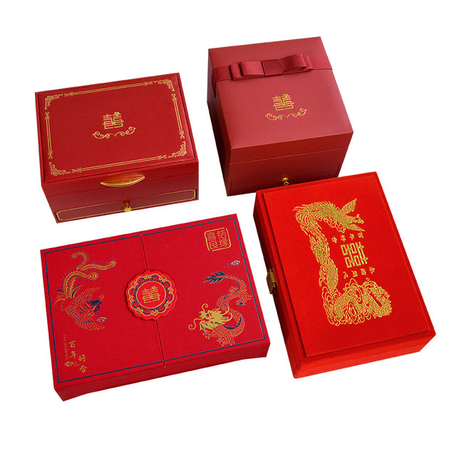 Red three-gold jewelry box, high-end engagement and wedding hardware jewelry gift box, wedding gold jewelry set box