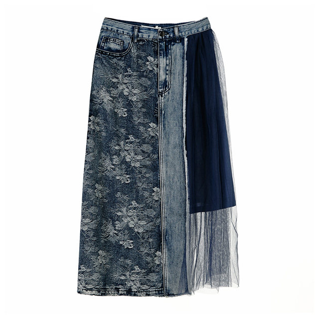 SOMSOM/Soma high waist irregular lace splicing large hem skirt spring mid-length A-line denim skirt for women
