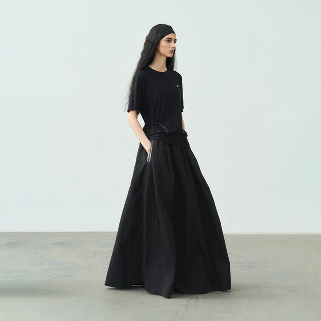 Semi-circle original design women's clothing [sports] 2025 summer black casual loose skirt women's a-line skirt long skirt
