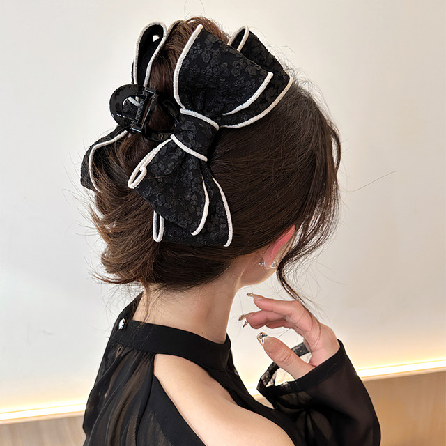 Black bow grabbing a large high -level high -level high -level hair clip female back head hair card elegant temperament shark clip headdress
