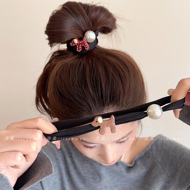 Cartoon puppy pearl hair band for women 2025 new high-end headband with ponytail ball hair rope and beautiful hair accessories