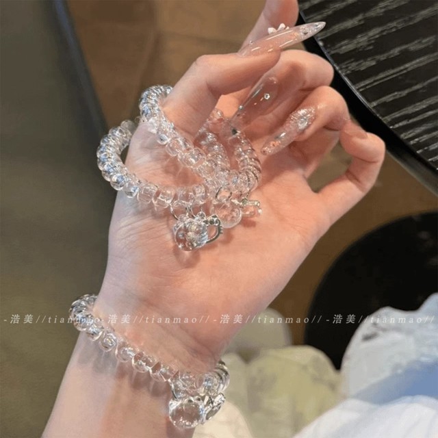 Cat Pendant Crystal Telephone Line Hair Rope Couple Bracelet Send Boyfriend Hair Loops Ponytail Bands Hair Accessories