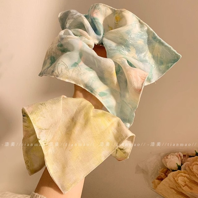 Rain porcelain marks ~ New Chinese style blue tiny square scarf large intestine hair ring for women high-end headdress large-size hair rope