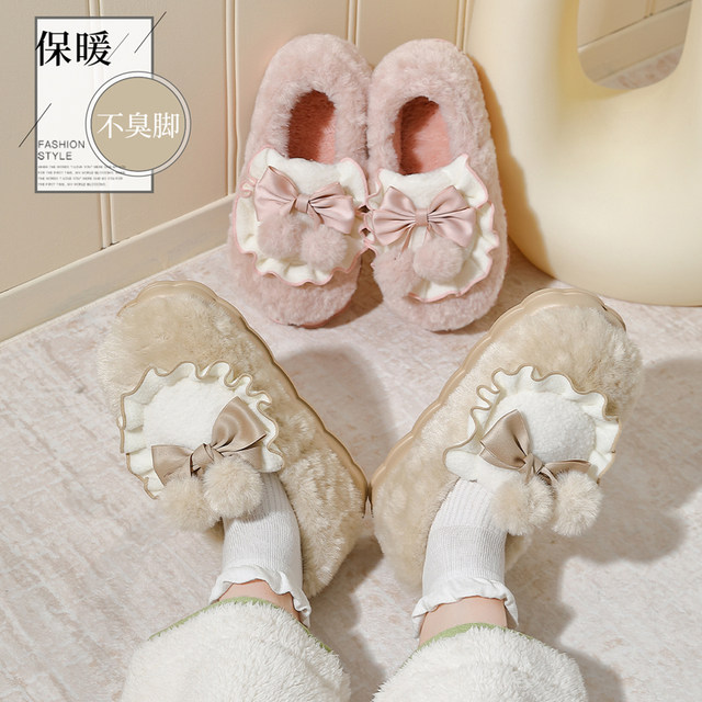 Bow cotton slippers for women winter 2025 new indoor home bag with thick sole warm plush cotton shoes for outer wear