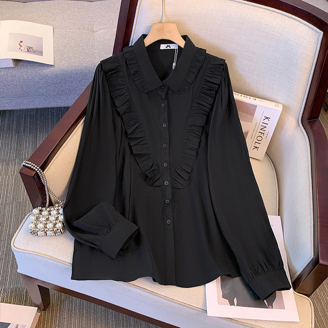 Large size shirt for women with fat mm, western style 200Jin [Jin is equal to 0.5 kg] fat mm with lotus leaf collar, long-sleeved shirt, top, bottoming shirt, fashionable small shirt