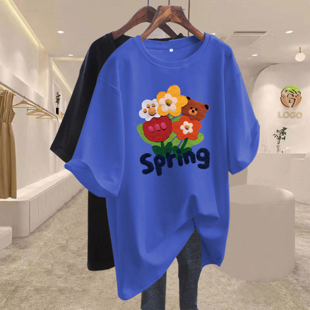 Mid-length five-quarter sleeve pure cotton large size loose pink white T-shirt for women short-sleeved fat mm inner top summer half-sleeved