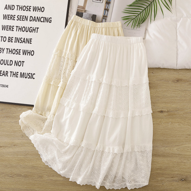 French ballet style lace cotton embroidery spliced ​​cake skirt mid-length A-line temperament sweet skirt