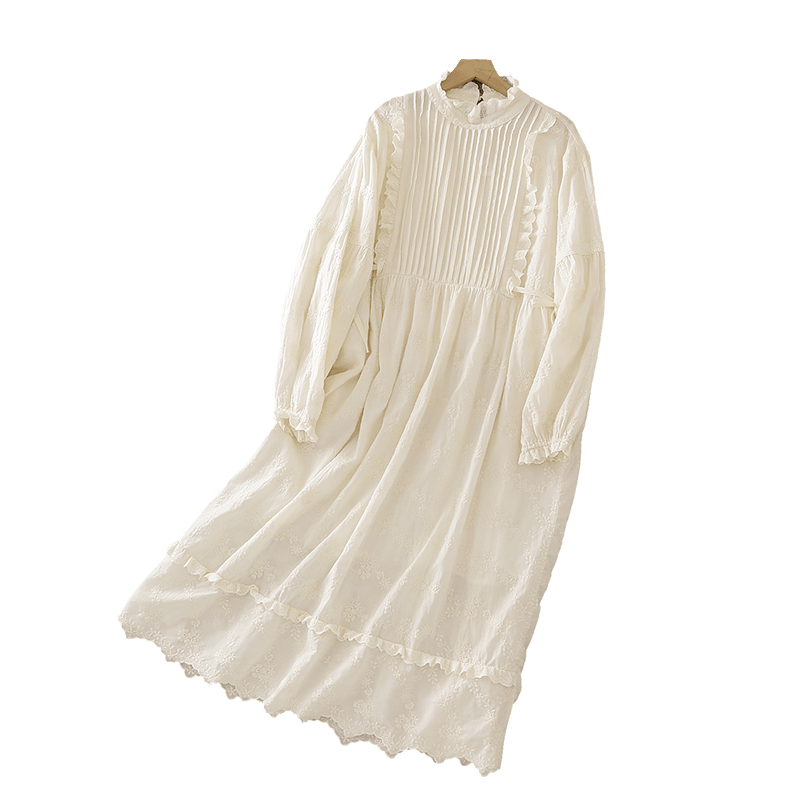 Spring women's clothing fresh hook lace stand collar embroidered solid color dress with long sleeves loose pleated cotton linen long skirt new