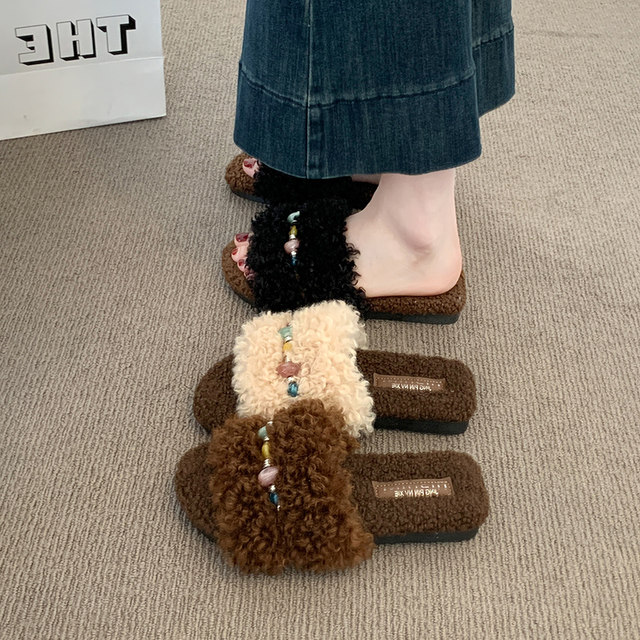 Women's furry slippers wear 2025 autumn and winter new style flat-skinned home furry lazy one-line cotton slippers
