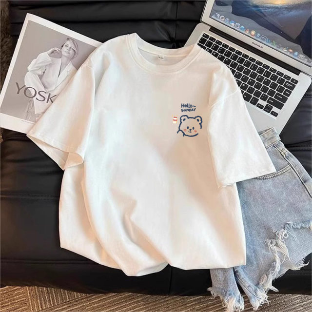 Summer white short-sleeved T-shirt for women 2025 new hot cartoon bear t-shirt loose design half-sleeved top