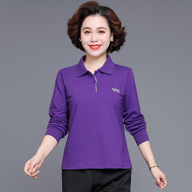 2024 Autumn New Mother's T -shirt Women's long -sleeved cotton bottoming shirt Middle -aged and elderly movement Polo lapel top
