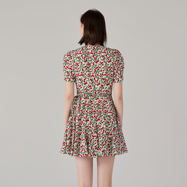 The same style in the mall, Mossack V-neck Short Sleeve High Waist Cherry Blended Printed Dress for Women