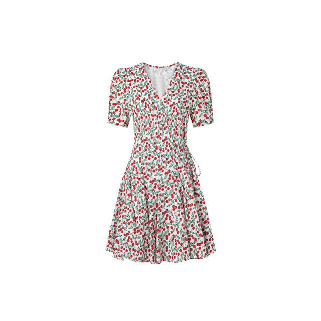 The same style in the mall, Mossack V-neck Short Sleeve High Waist Cherry Blended Printed Dress for Women
