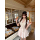 Yuehan Xiaoyu Tea Card Girl Short Sleeve Version Pure Sweet Girl Lace Bow Pink Waist Skirt

