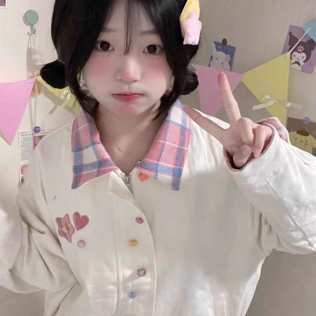 Japanese sweet plaid splicing unique lapel jacket for women's spring and autumn new baseball uniform super beautiful rainbow buckle jacket