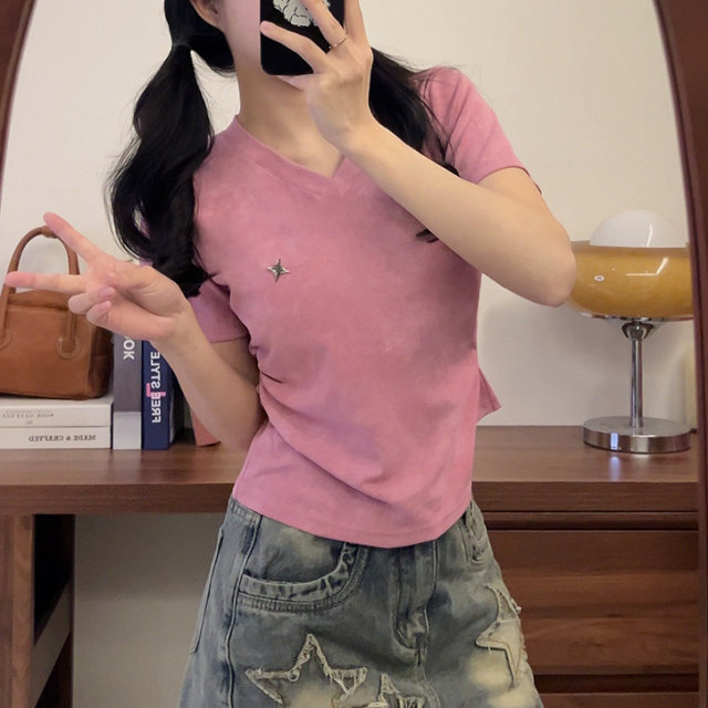 Star pin tie-dye v-neck purple short-sleeved T-shirt for women 2025 new sweet and cool style small slim short top