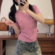 Star pin tie-dye v-neck purple short-sleeved T-shirt for women 2025 new sweet and cool style small slim short top