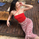 LilyRose Wild Rose Love Printed Satin Skirt Short Skirt Umbrella Skirt Sexy Slit Band Fishtail Skirt