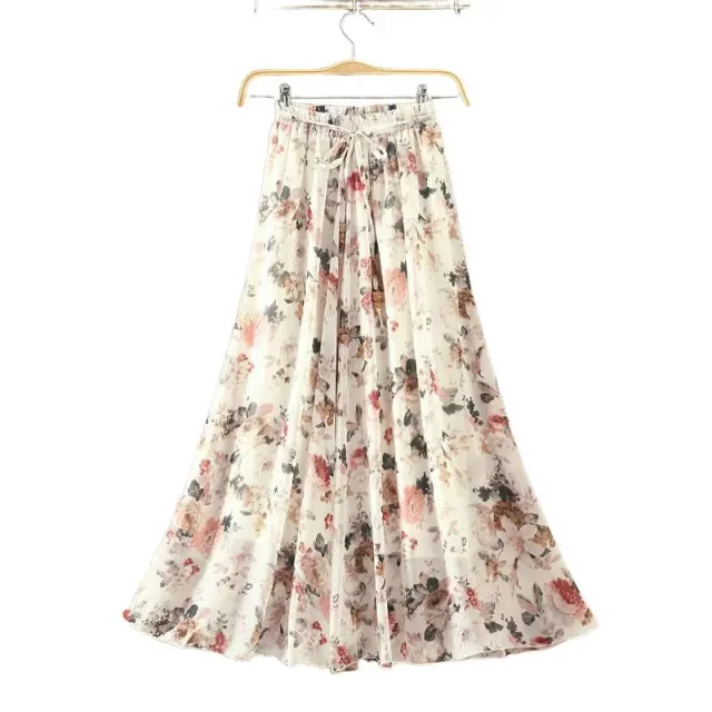 Chiffon floral skirt women's clothing 2024 summer new lace versatile printed large long model long skirt
