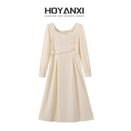 HOYANXI New Chinese Style National Style Improved Cheongsam Dresses Spring White Square Collar Long Sleeved Long Waist Skirt