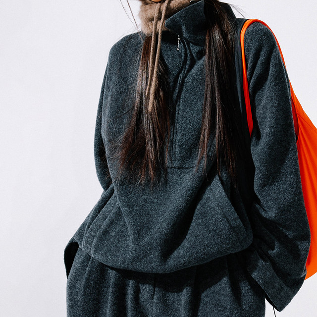 hug 2025 autumn and winter new velvet semi-zipper loose sweatshirt set