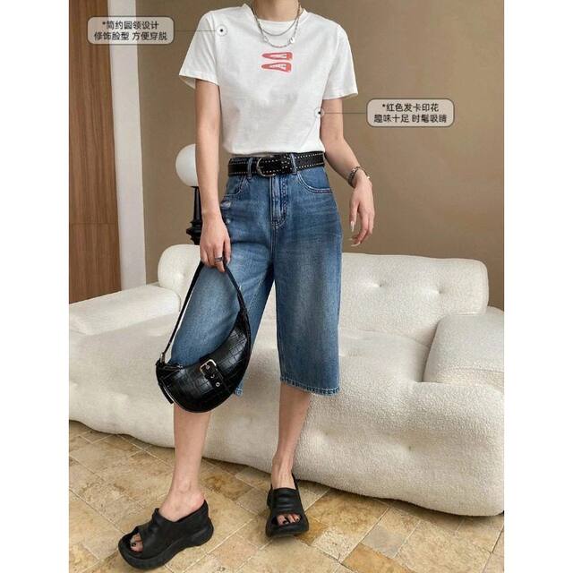 
Sinan Niche Design Sense American Fun Red Haircard Printed Round Neck Slim Short Sleeve T-shirt SN7377