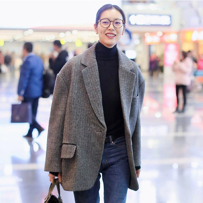 maje brian冬季刘雯明星同款溜肩宽松毛呢大衣韩版灰色条纹外套女