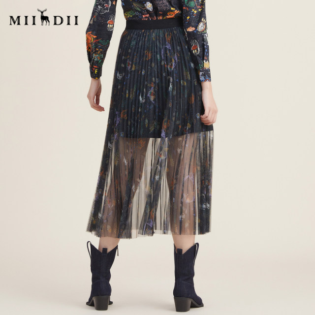 Answer to the mystery 2022 autumn new retro printed mesh skirt A-shaped versatile pleated design skirt for women 223MB1040
