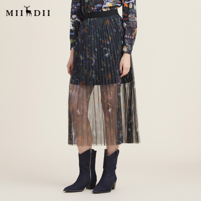 Answer to the mystery 2022 autumn new retro printed mesh skirt A-shaped versatile pleated design skirt for women 223MB1040
