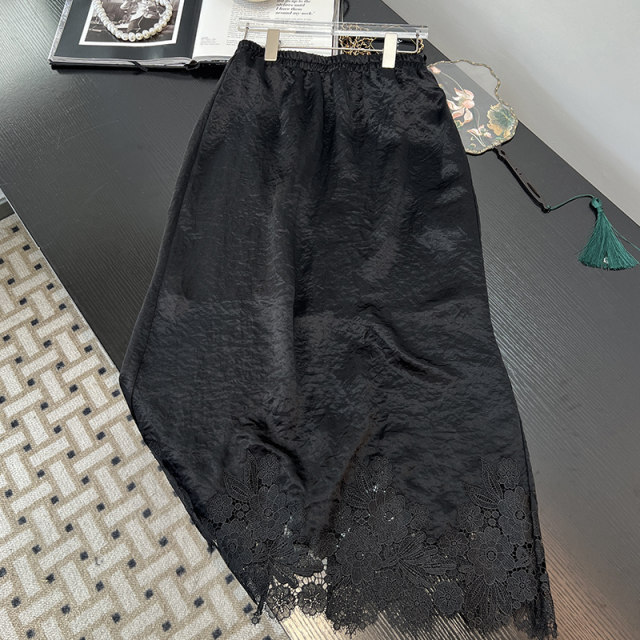New Chinese style acetic acid skirt for women 2025 spring and autumn new high-waist slim lace spliced ​​mid-length skirt
