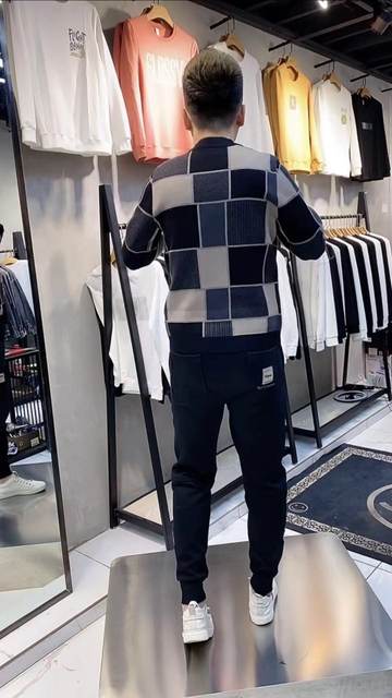 19008 spring and autumn new men's lattice contrasting color foreign long -sleeved long -sleeved knitted cardigan trendy jacket elasticity