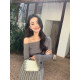 pusumede slanted neck off-shoulder long-sleeved sweater T-shirt for women's design, waist-hugging slim temperament, flared sleeve top
