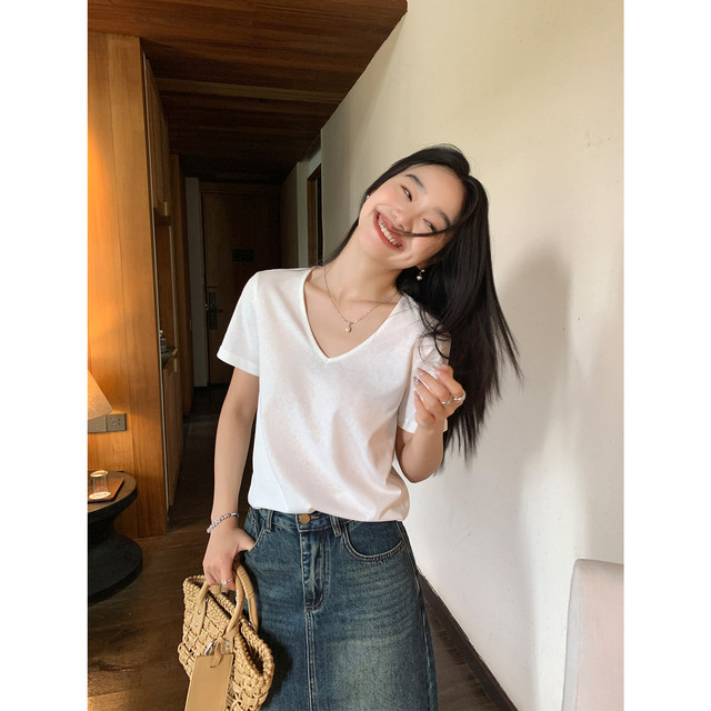 Pusumede black v-neck short-sleeved shoulder T-shirt for women in summer new Korean style versatile loose casual top
