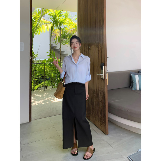 pusumede black straight suit skirt for women in summer high waist design slit mid-length hip-cover skirt