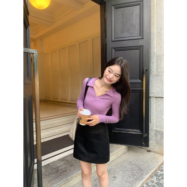 pusumede black v-neck polo sweater for women in spring and autumn slim long sleeves inner bottom shirt top