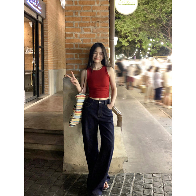 pusumede elastic slim short knitted camisole women's summer outer wear red waist-baring sleeveless top