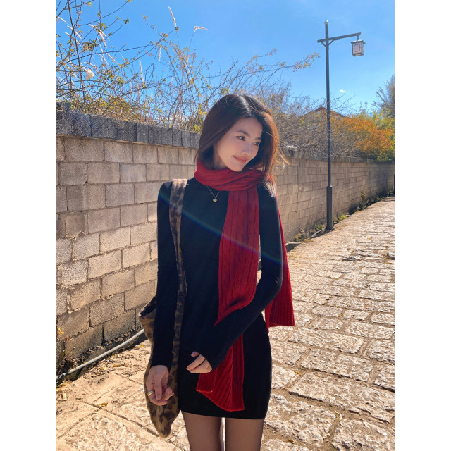 pusumede black slim knitted dress for women long-sleeved bottom skirt temperament half high neck tight hip-covered skirt