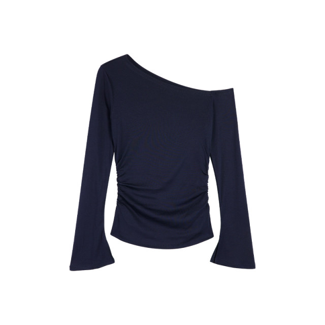 pusumede slanted neck off-shoulder long-sleeved sweater T-shirt for women's design, waist-hugging slim temperament, flared sleeve top