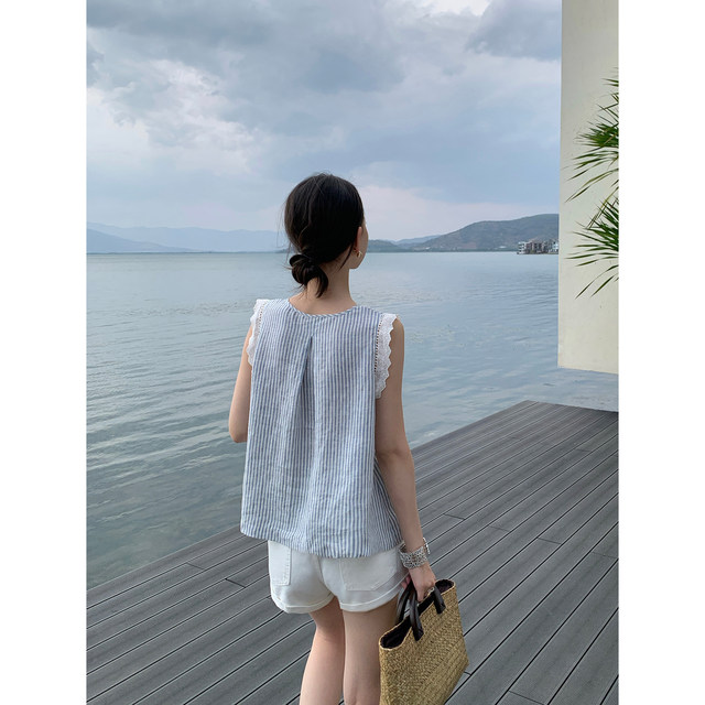 
pusumede French retro sleeveless shirt for women striped vest wearing lace lace shirt linen top