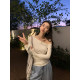 pusumede slanted neck off-shoulder long-sleeved sweater T-shirt for women's design, waist-hugging slim temperament, flared sleeve top