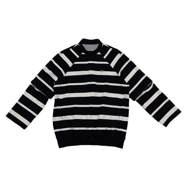 Oinkoink black and white striped stand collar removable sleeve sweatshirt with two-wear pullover half turtle neck T-shirt loose casual top
