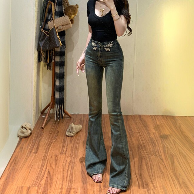 Li Li retro embroidered high-waisted slim and slightly flared jeans for women 2025 summer new stretch slim floor pants